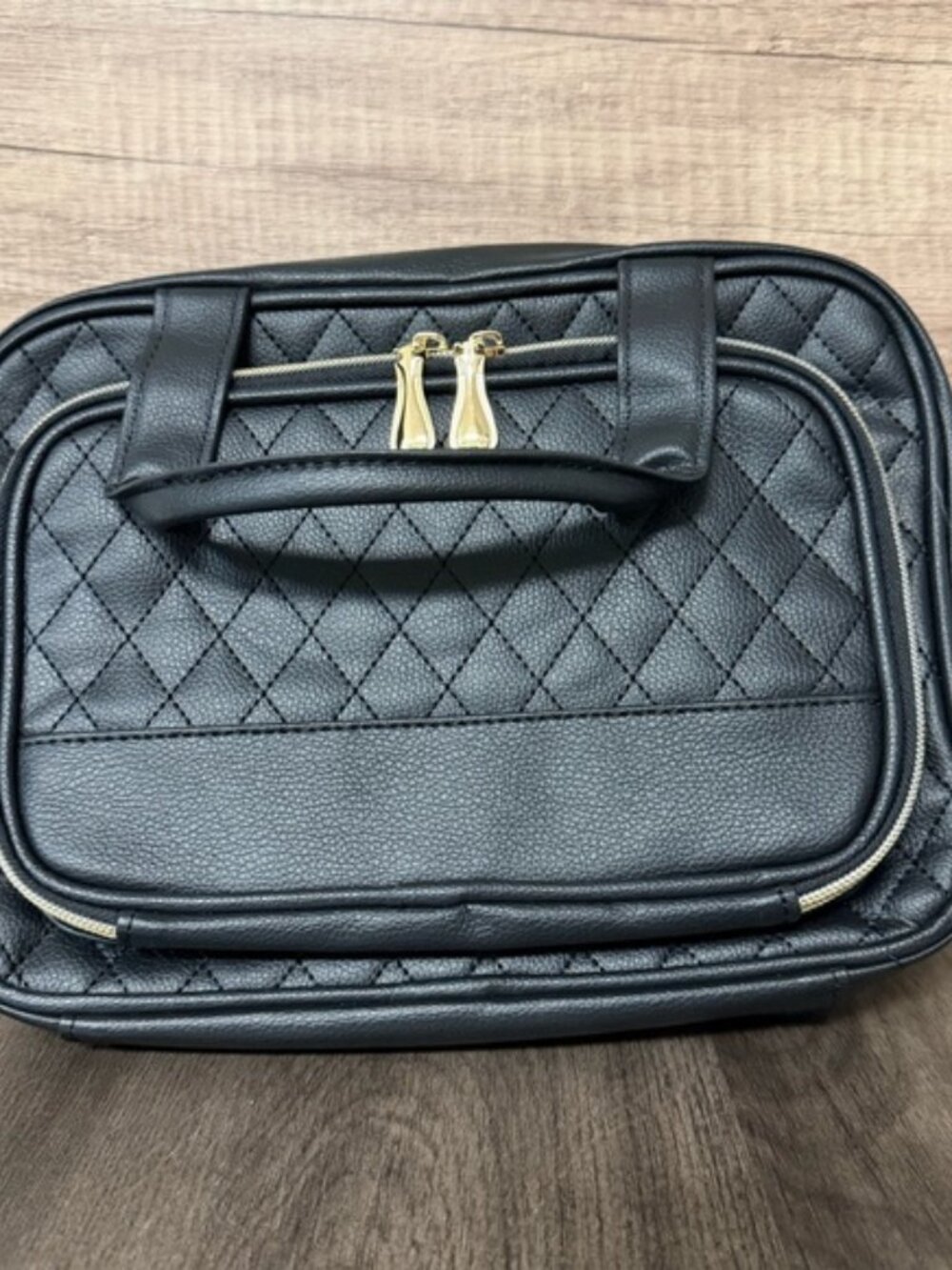 Black Quilted Travel Cosmetic Bag with Gold Zippers